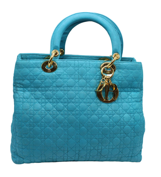 Christian Dior Turquoise Cannage Quilted Cloth Lady Dior Hand Bag