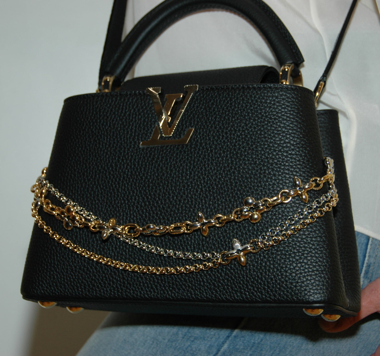 Louis Vuitton Black Taurillon Leather Capucines MM Chain On You Bag