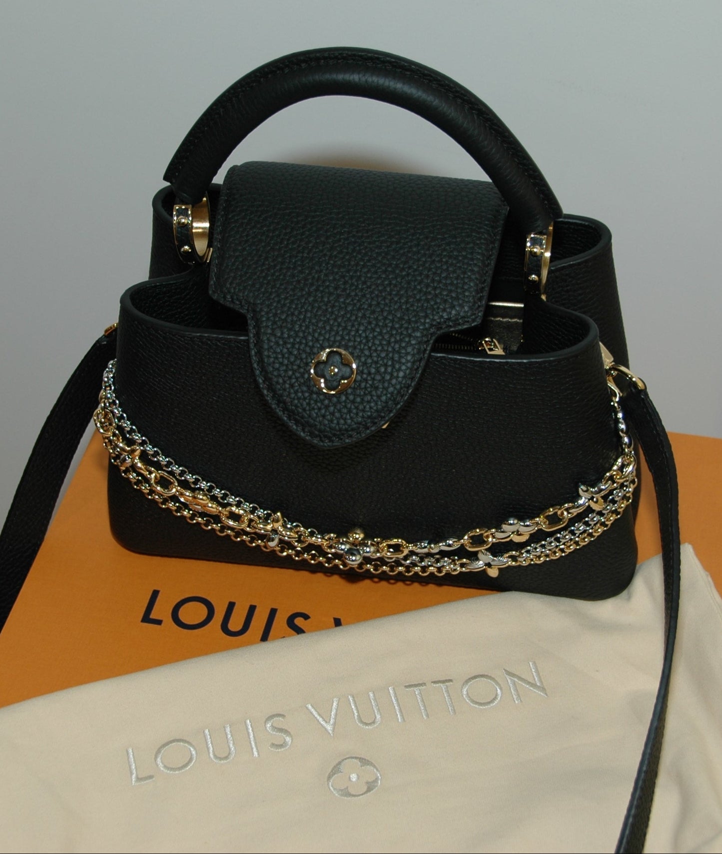 Louis Vuitton Black Taurillon Leather Capucines MM Chain On You Bag