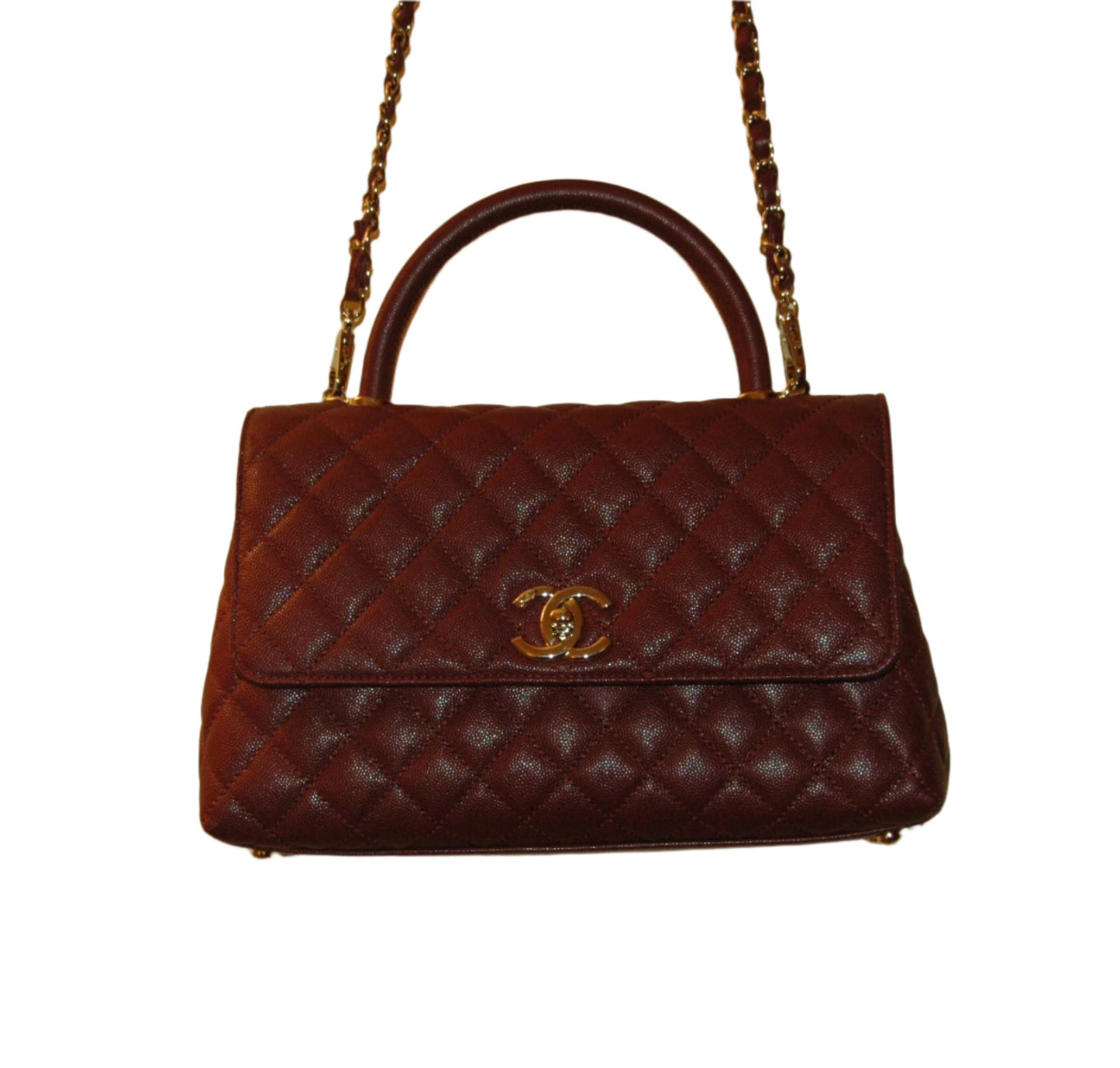 Chanel Burgundy Red Calfskin Gold Large Coco Top Handle Bag