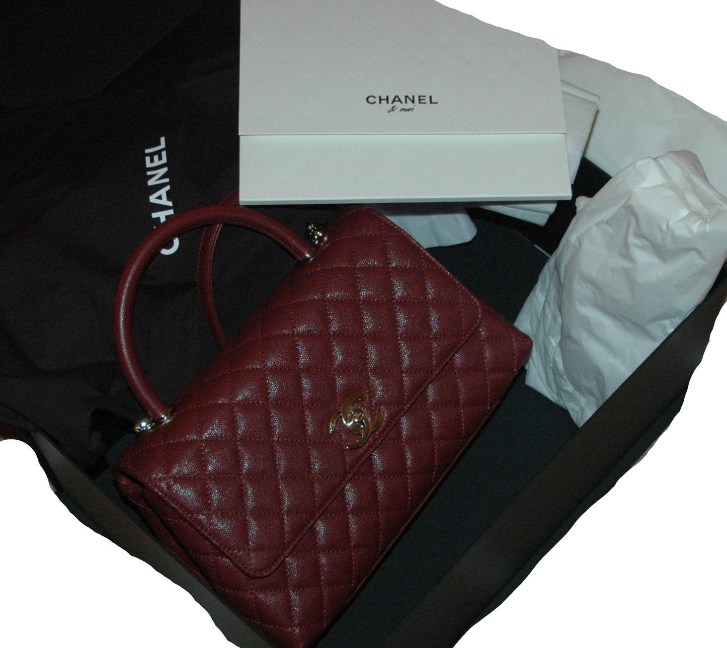 Chanel Burgundy Red Calfskin Gold Large Coco Top Handle Bag