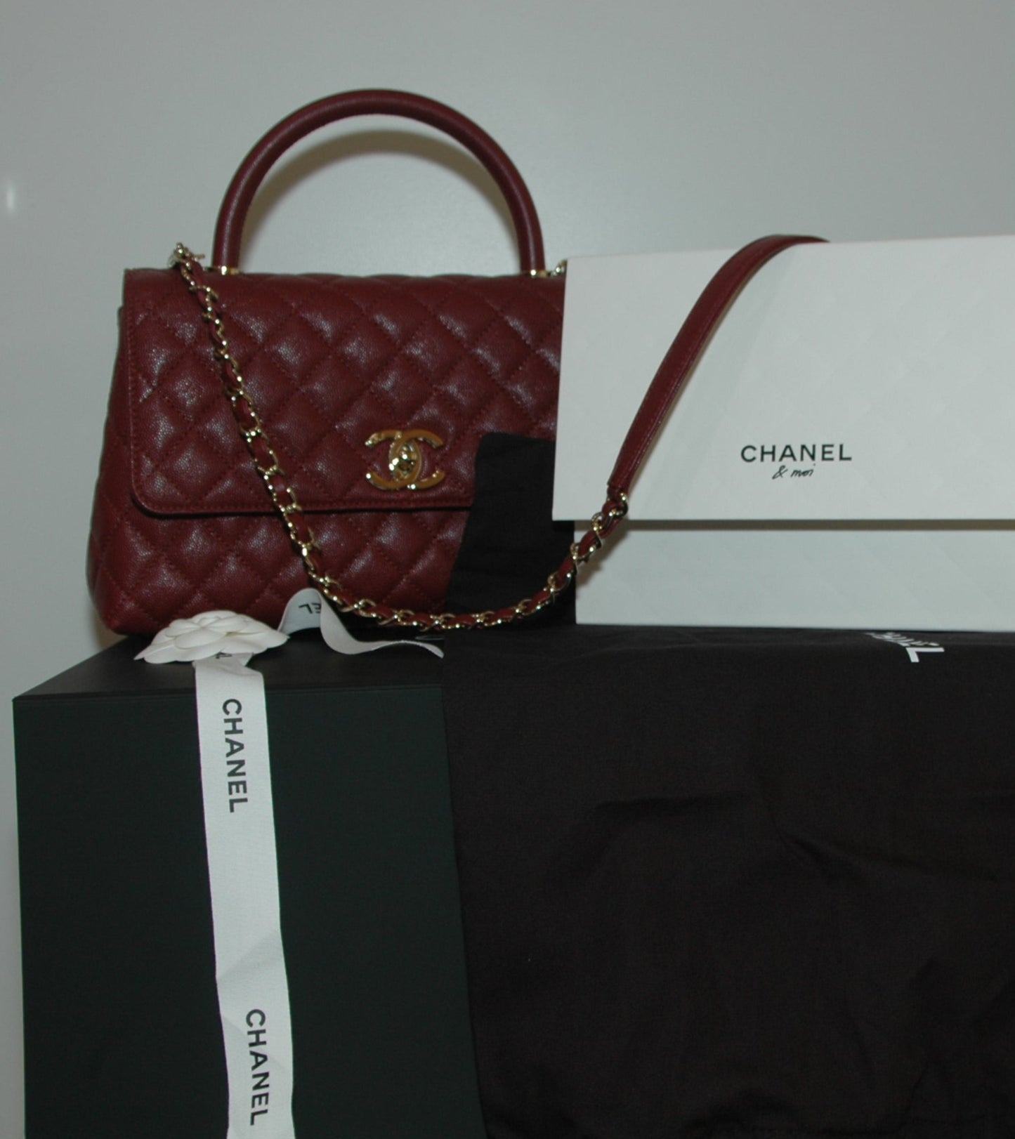 Chanel Burgundy Red Calfskin Gold Large Coco Top Handle Bag