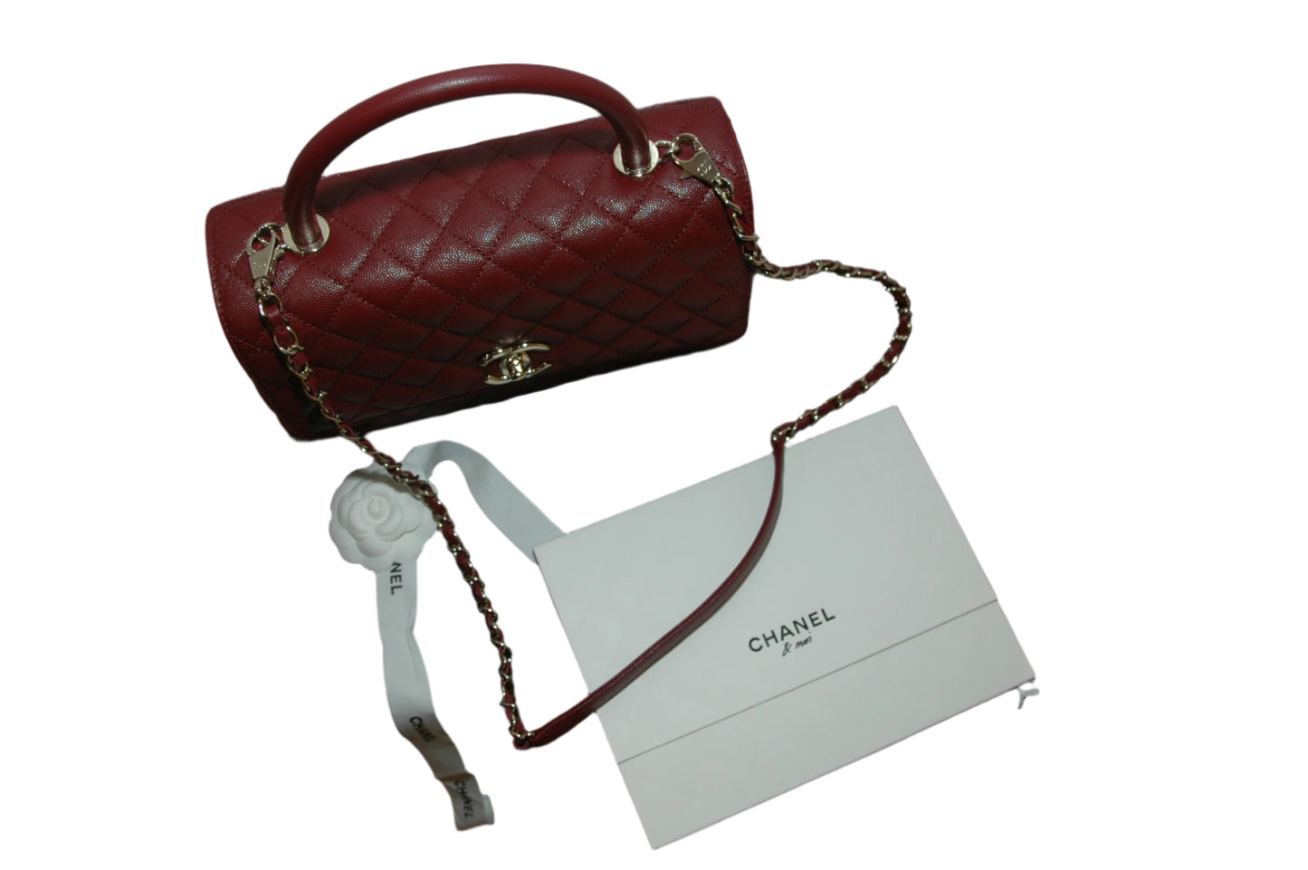 Chanel Burgundy Red Calfskin Gold Large Coco Top Handle Bag