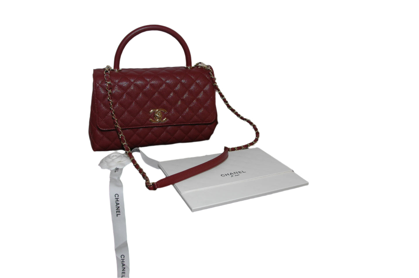 Chanel Burgundy Red Calfskin Gold Large Coco Top Handle Bag