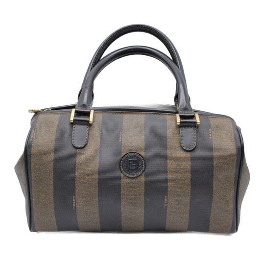 Fendi Tobacco Pequin Striped Coated Canvas Boston Bag