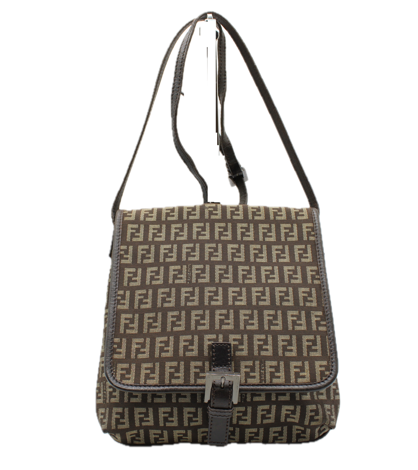 Fendi Zucchino FF Monogram Shoulder Flap Canvas Bag Silver Hardware front view