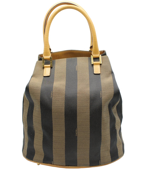 Striped handbag with a beige handle on a white background Fendi Khaki & Black Pequin Striped Bucket Handbag