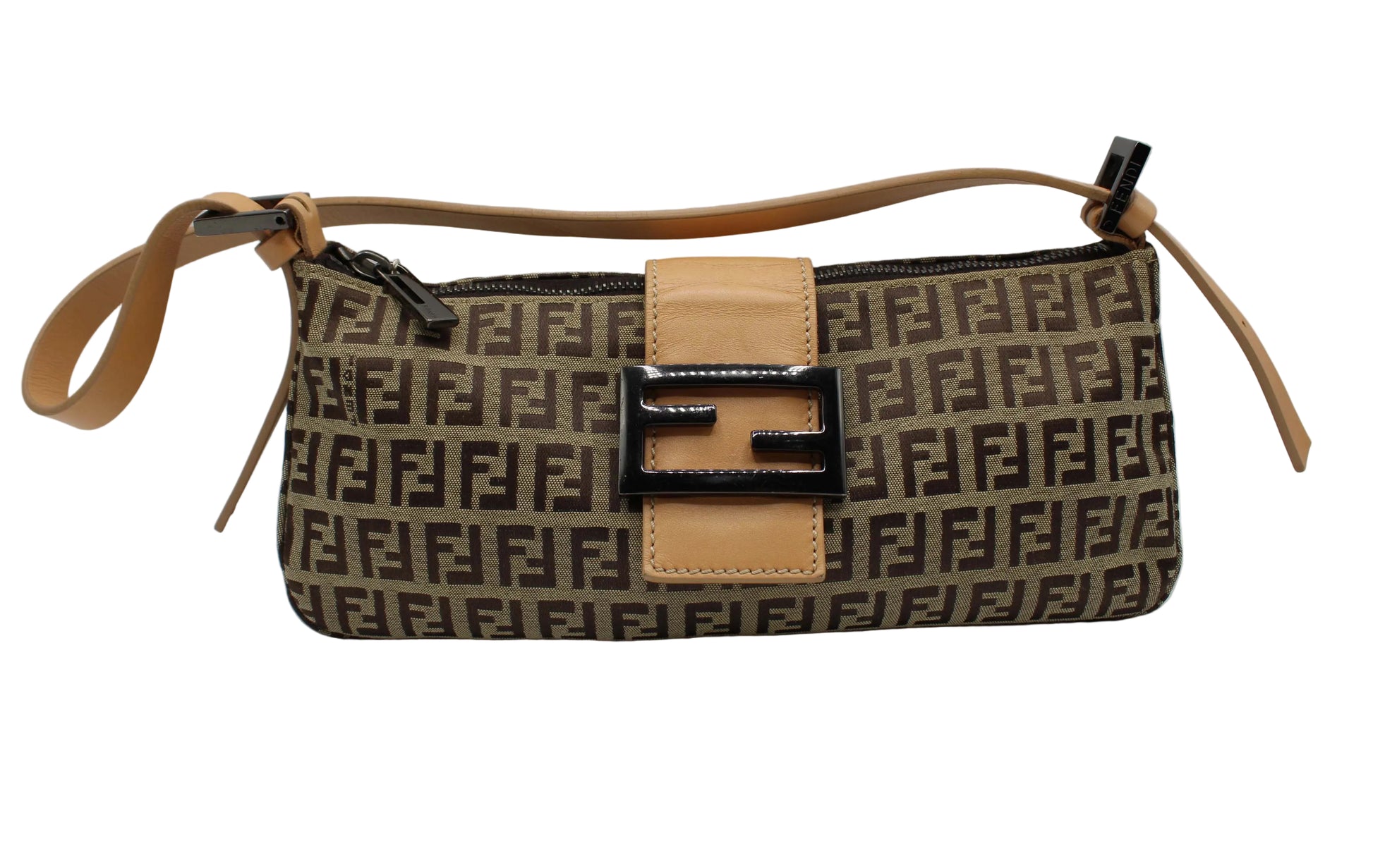Fendi Beige Zucca Canvas Leather Baguette Shoulder Bag Designer handbag with a prominent logo on a light background