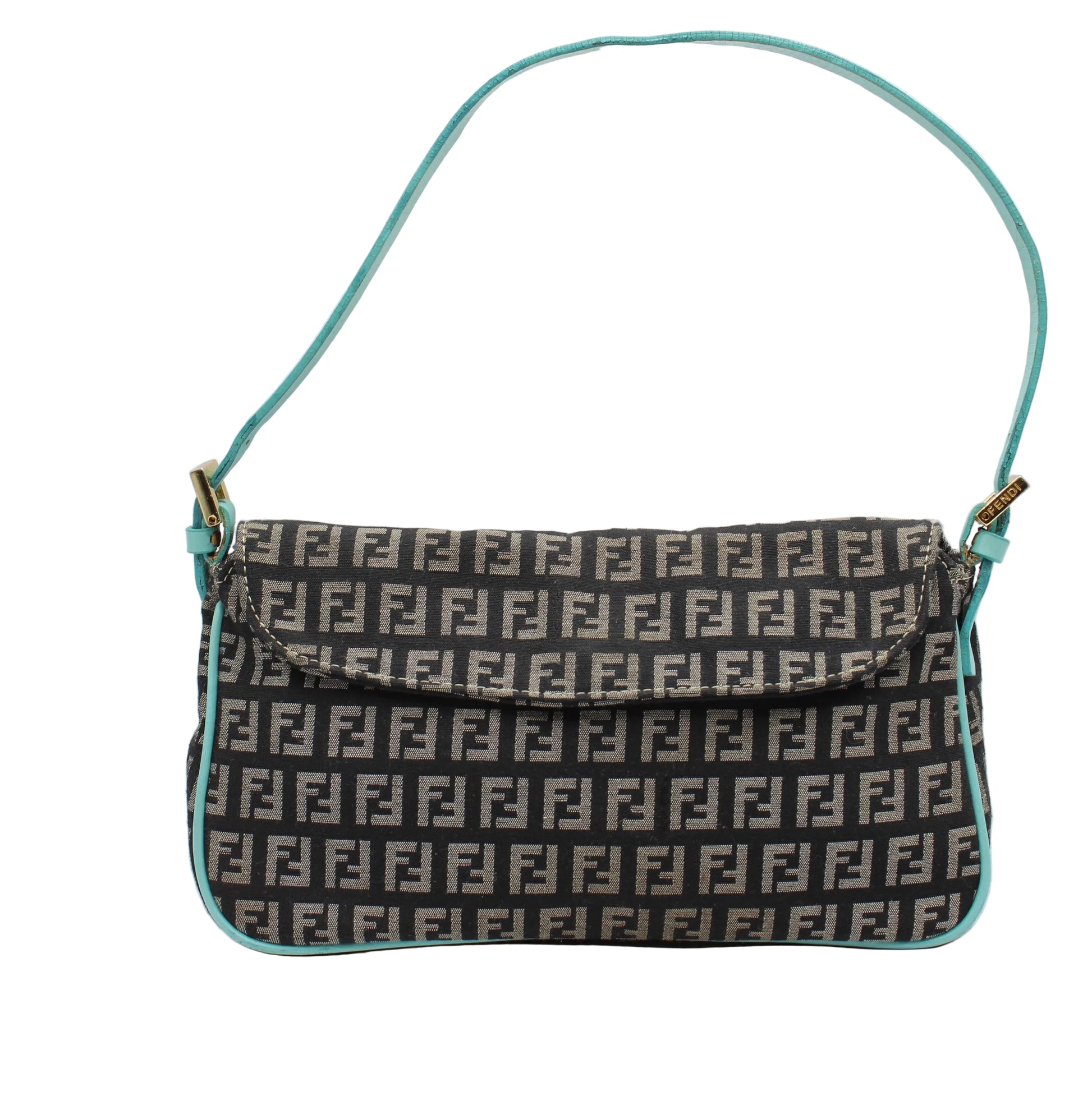Fendi Black Blue Zucchino Canvas Flap Shoulder Bag Designer handbag with a patterned design on a white background
