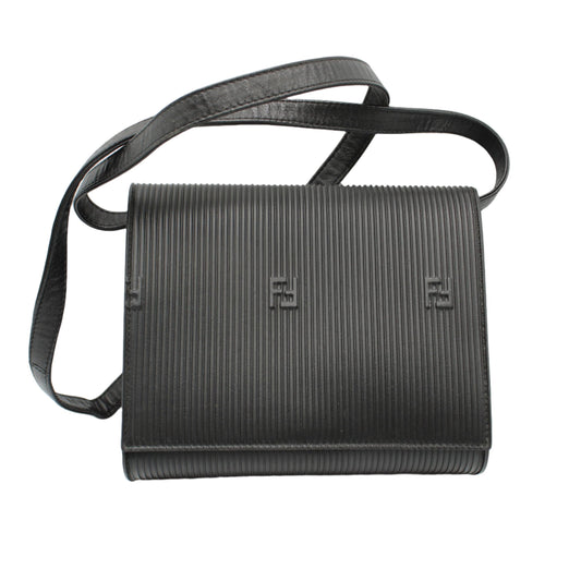 Fendi Black Leather Flap Embossed Logo Crossbody Bag