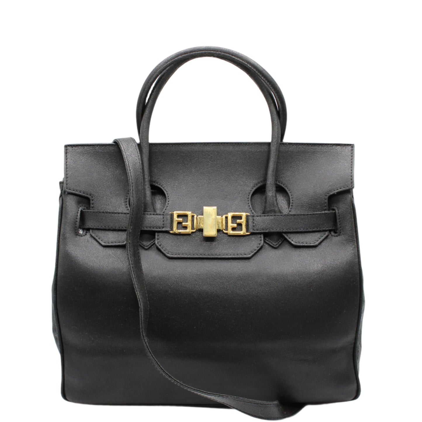 Fendi Black Leather Two-Way Crossbody Birkin Style Bag