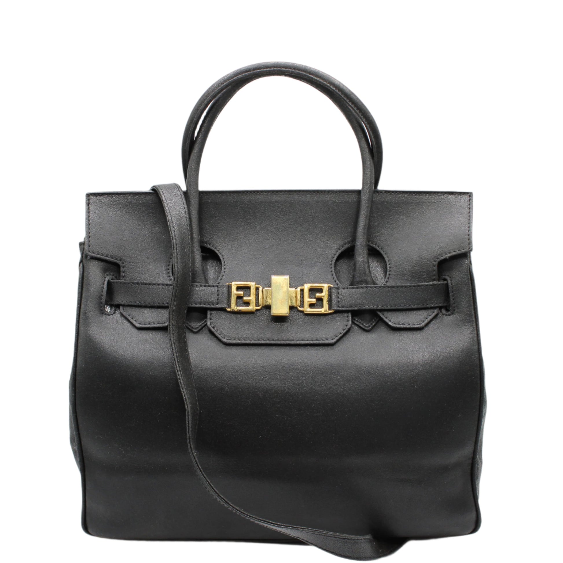 Fendi Black Leather Two-Way Crossbody Birkin Style Bag