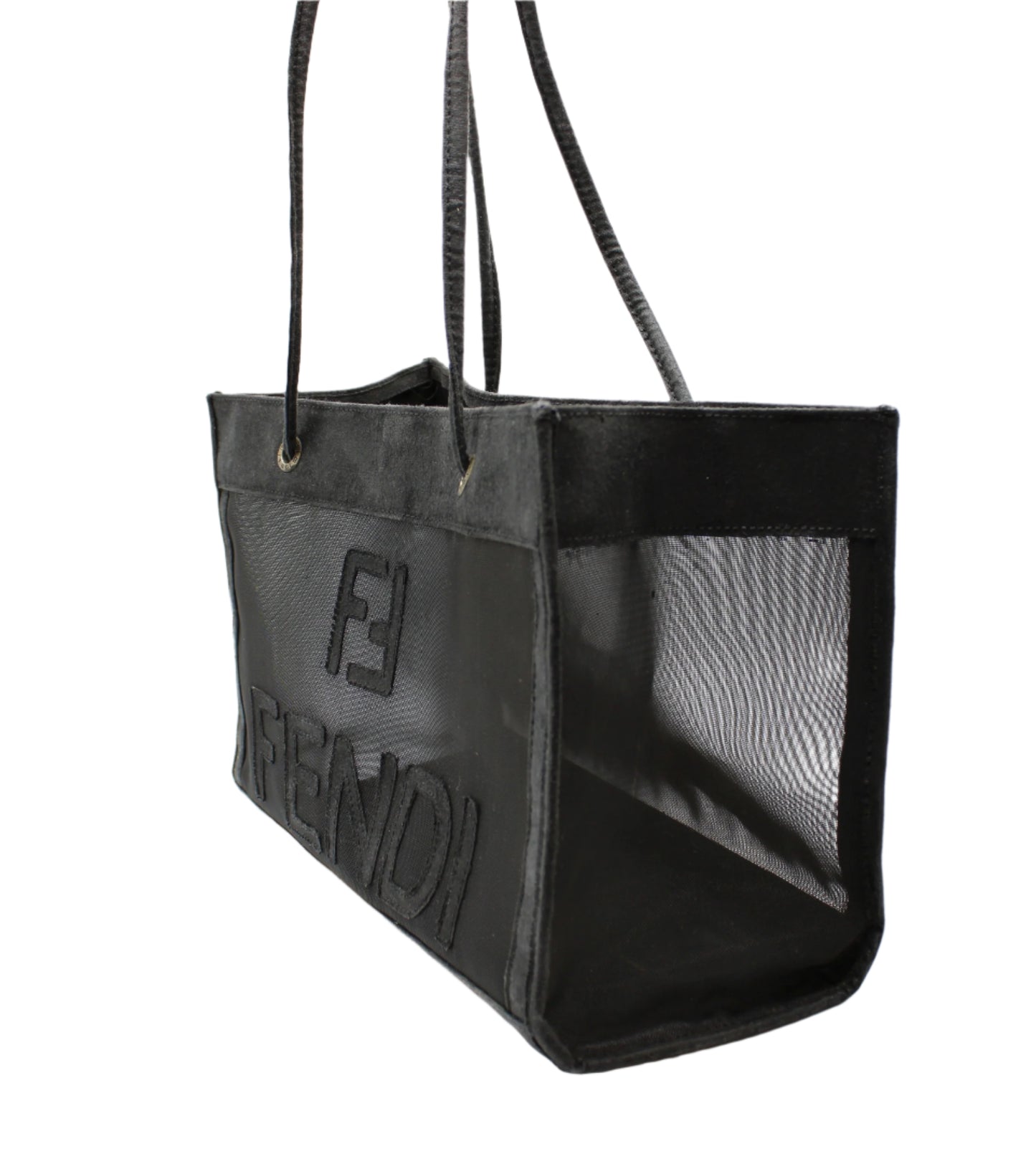 Fendi Black Mesh Canvas Tote Bag side view