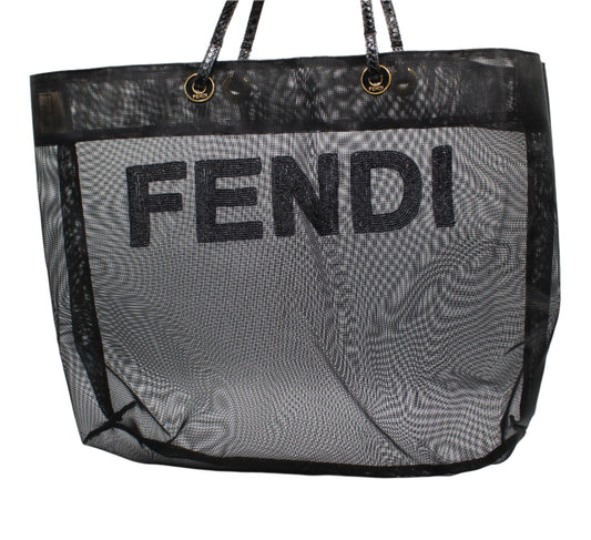 Fendi Black Mesh Tote Bag Beaded Logo Python Handles