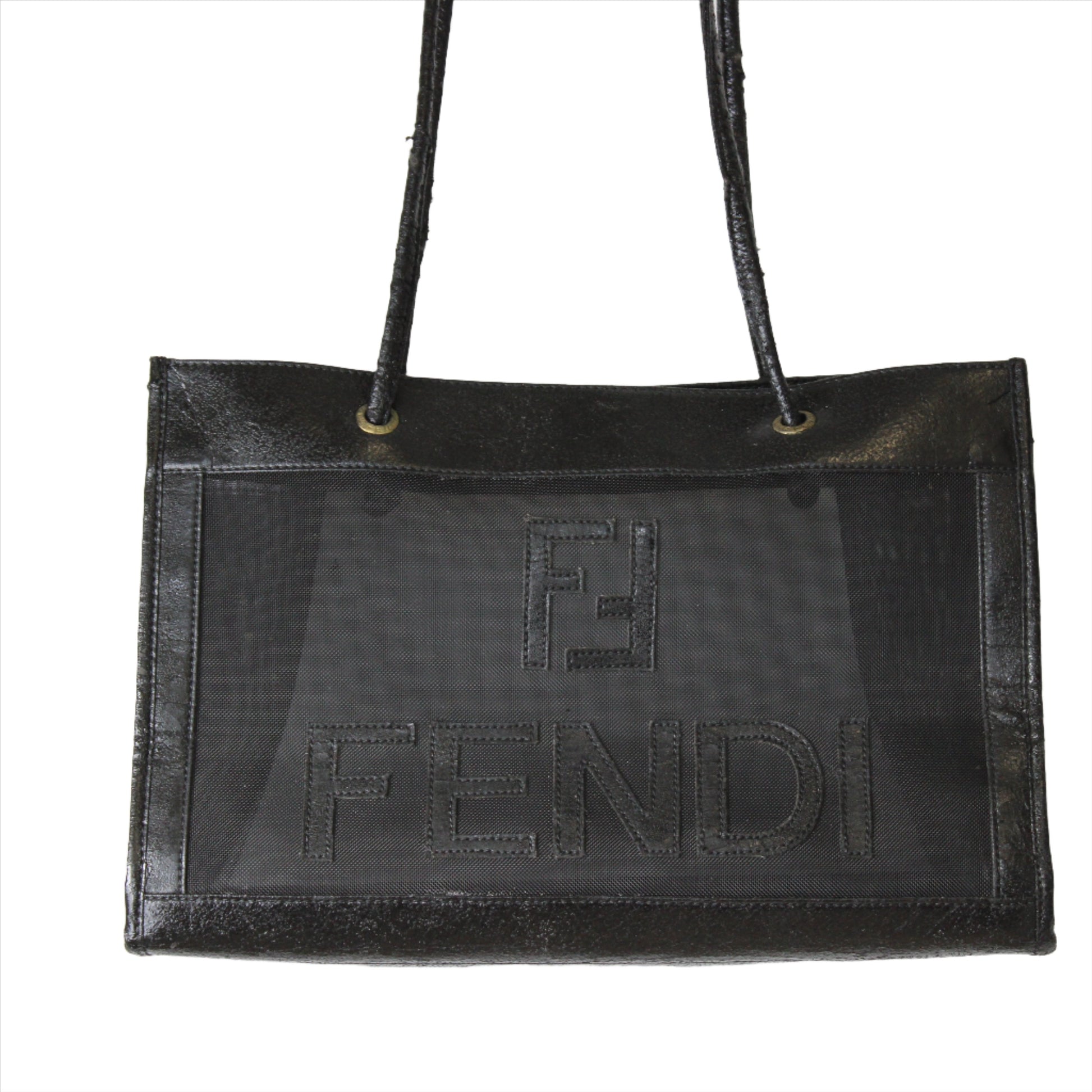 Fendi Black Mesh Tote Bag Leather Trim Open Top