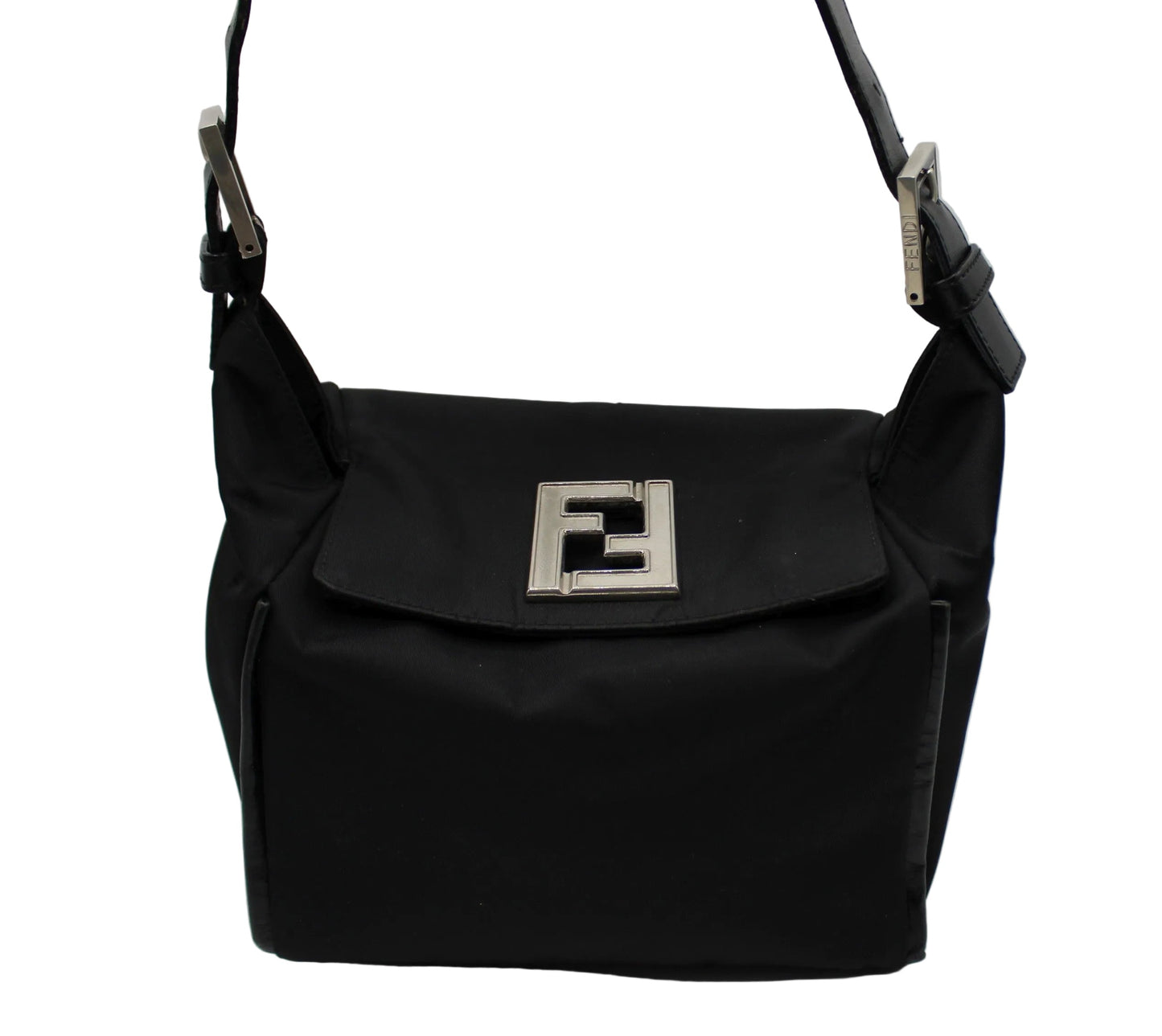 Fendi Black Neoprene Leather Strap Magnetic Logo Shoulder Bag Black handbag with a brand logo on a white background