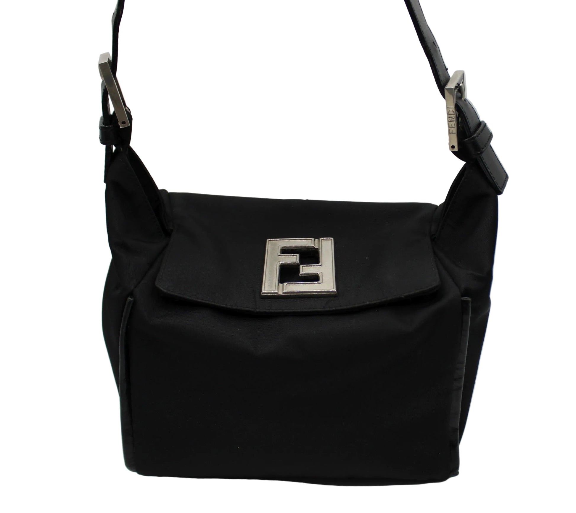 Fendi Black Neoprene Leather Strap Magnetic Logo Shoulder Bag Black handbag with a brand logo on a white background