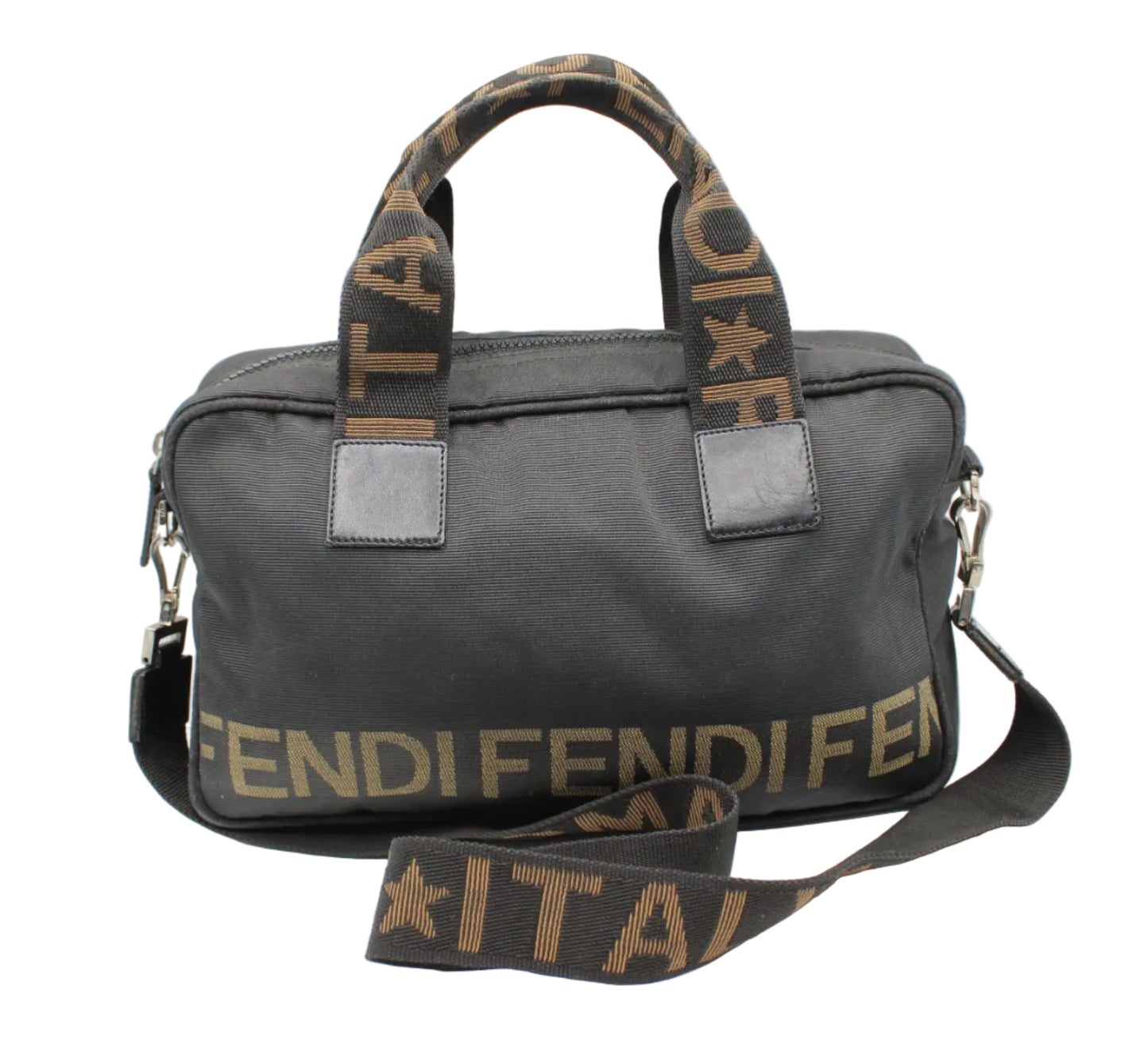 Fendi Black Nylon Canvas Roma Star Boston Crossbody Bag Black duffel bag with brown 'Fendi' logo on a white background