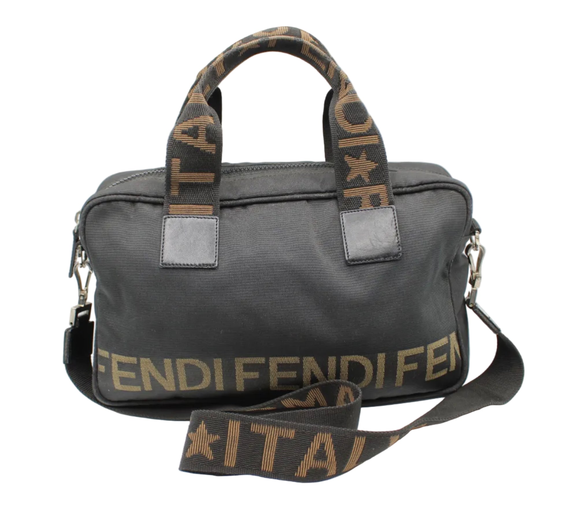 Fendi Black Nylon Canvas Roma Star Boston Crossbody Bag Black duffel bag with brown 'Fendi' logo on a white background