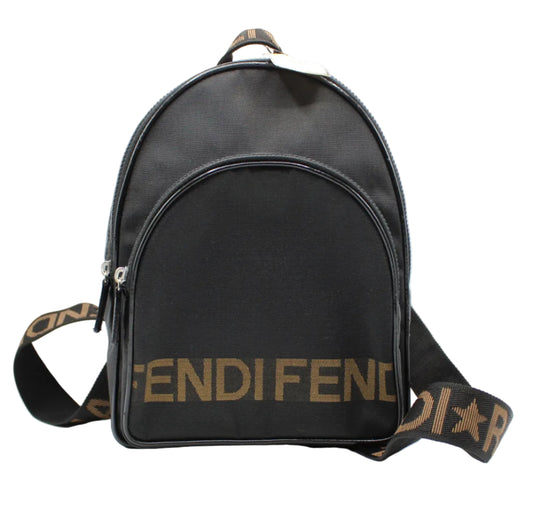 Fendi Black Nylon Fendistar Roma Logo Backpack Black backpack with 'Fendi' and 'Dior' branding on a white background