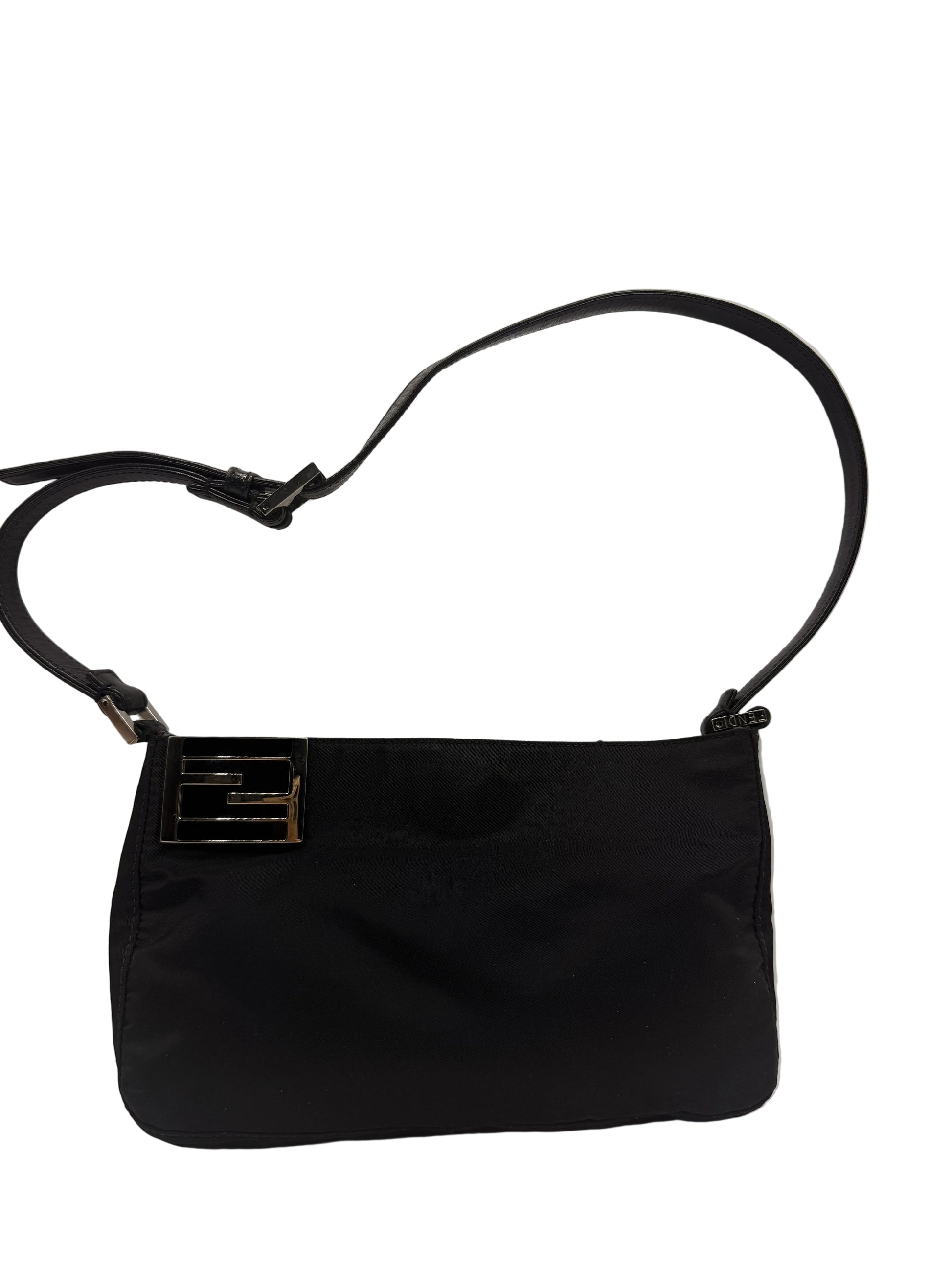Fendi Black Nylon Leather FF Logo Shoulder Bag Black handbag with a gold clasp on a white background