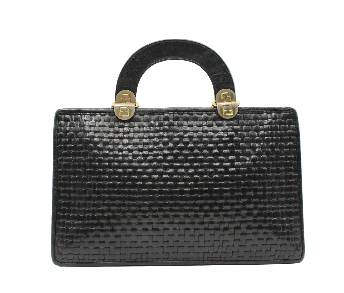 Fendi Black Woven Leather Top Handle Bag Black textured handbag with gold accents on a white background