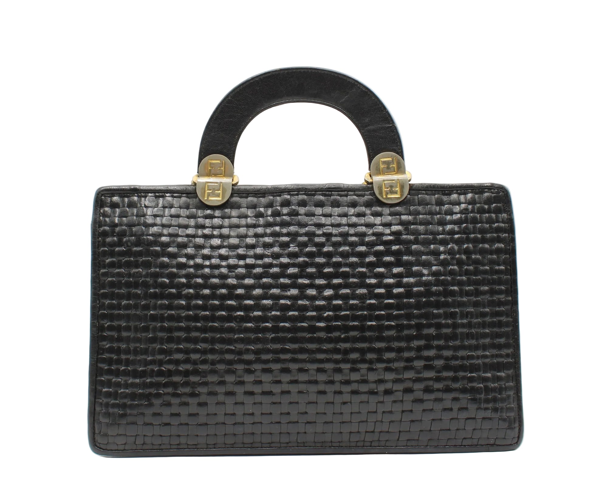 Fendi Black Woven Leather Top Handle Bag Black textured handbag with gold accents on a white background