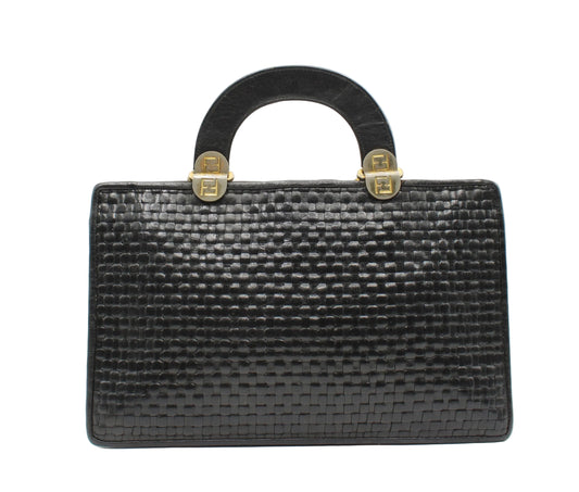 Fendi Black Woven Leather Top Handle Bag Black textured handbag with gold accents on a white background