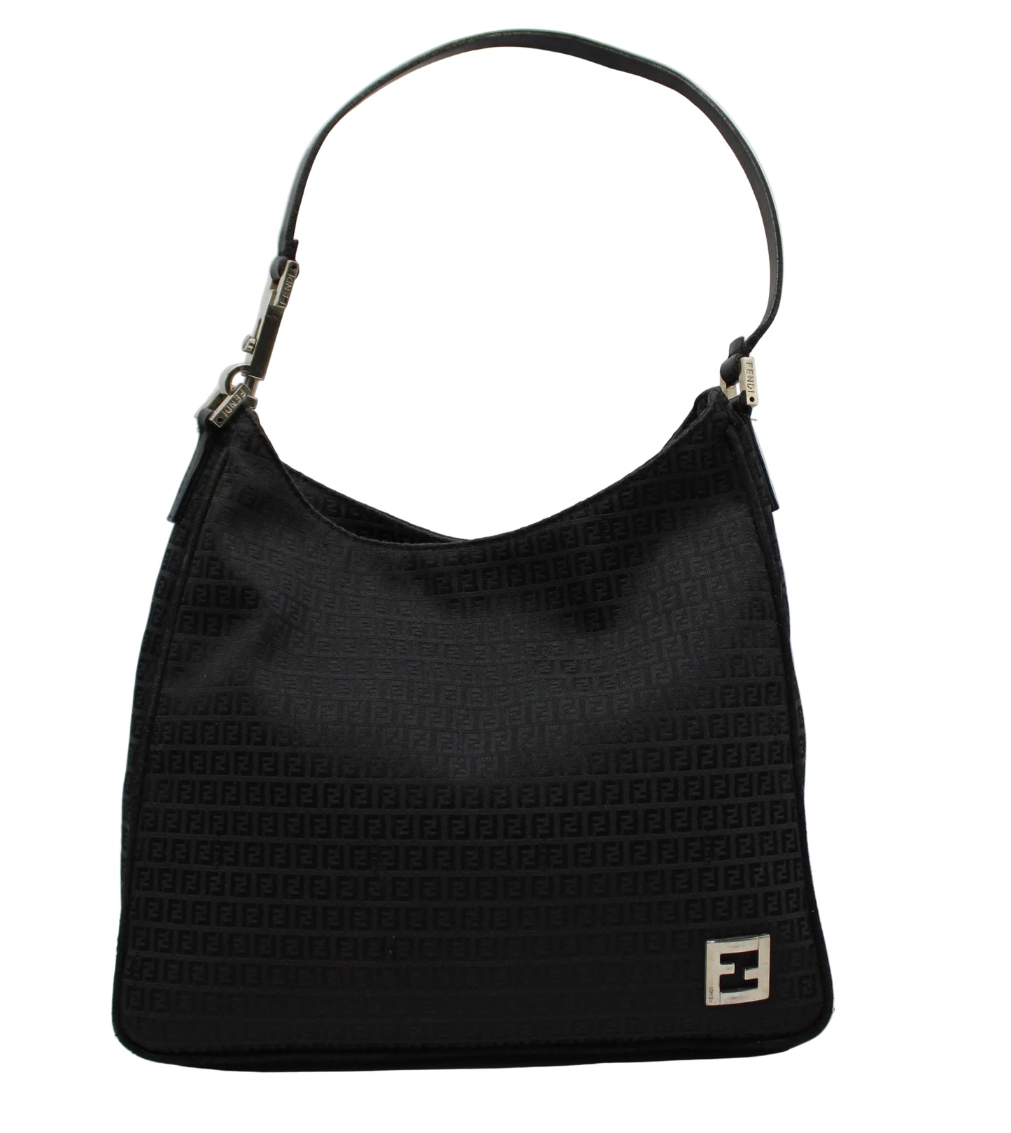Fendi Black Zucca Canvas Leather Strap Shoulder Bag Black textured handbag with a brand logo on a white background