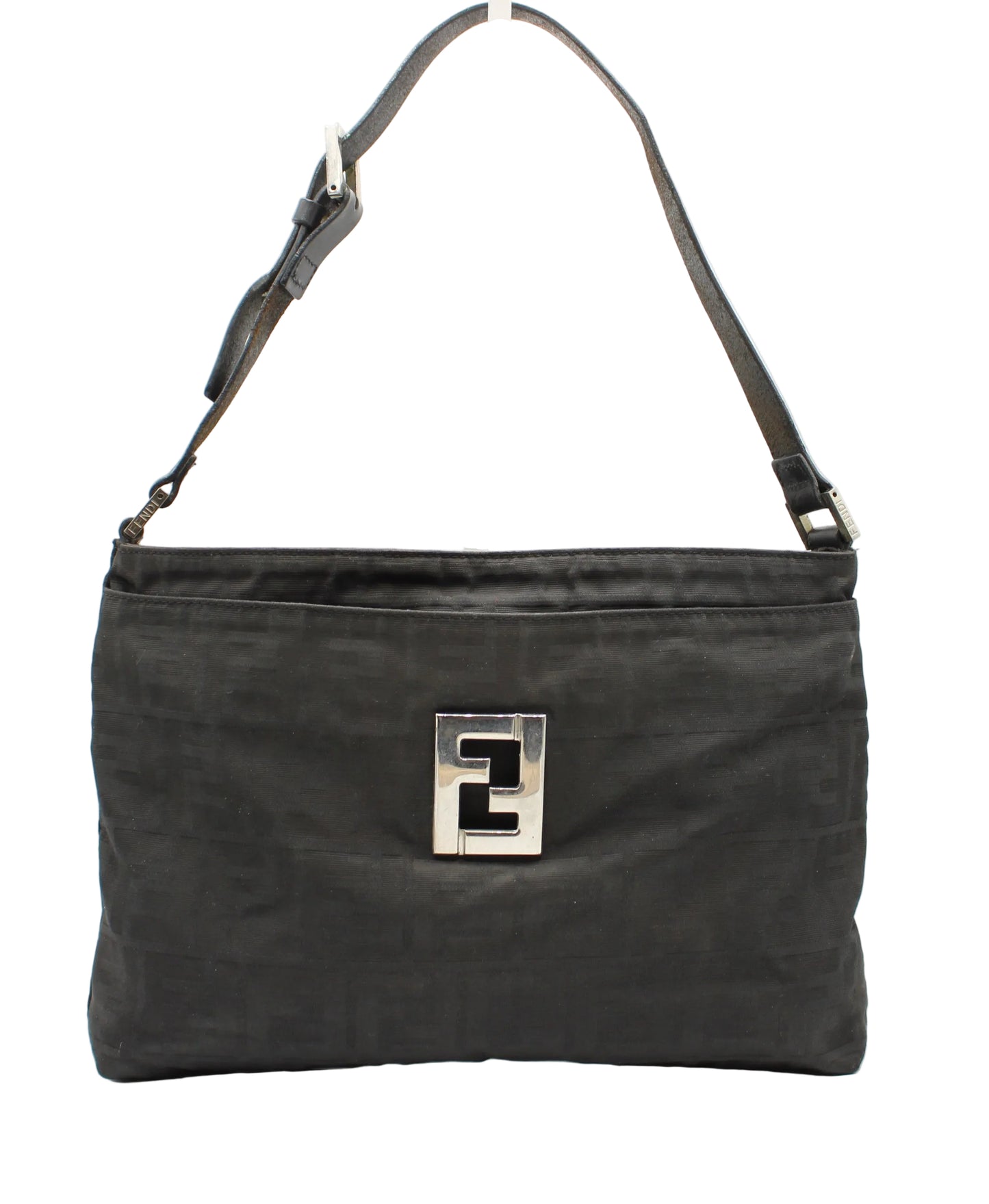 Fendi Black Zucca Canvas Leather Shoulder Bag Black handbag with a logo on a white background