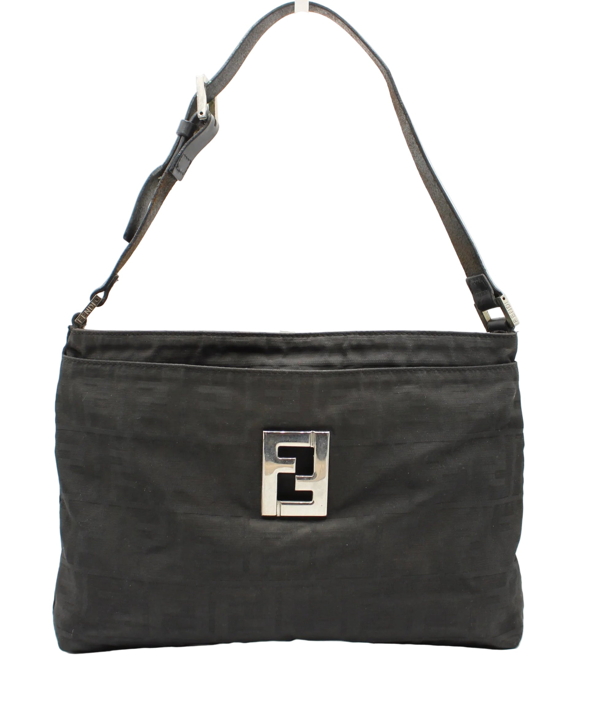 Fendi Black Zucca Canvas Leather Shoulder Bag Black handbag with a logo on a white background
