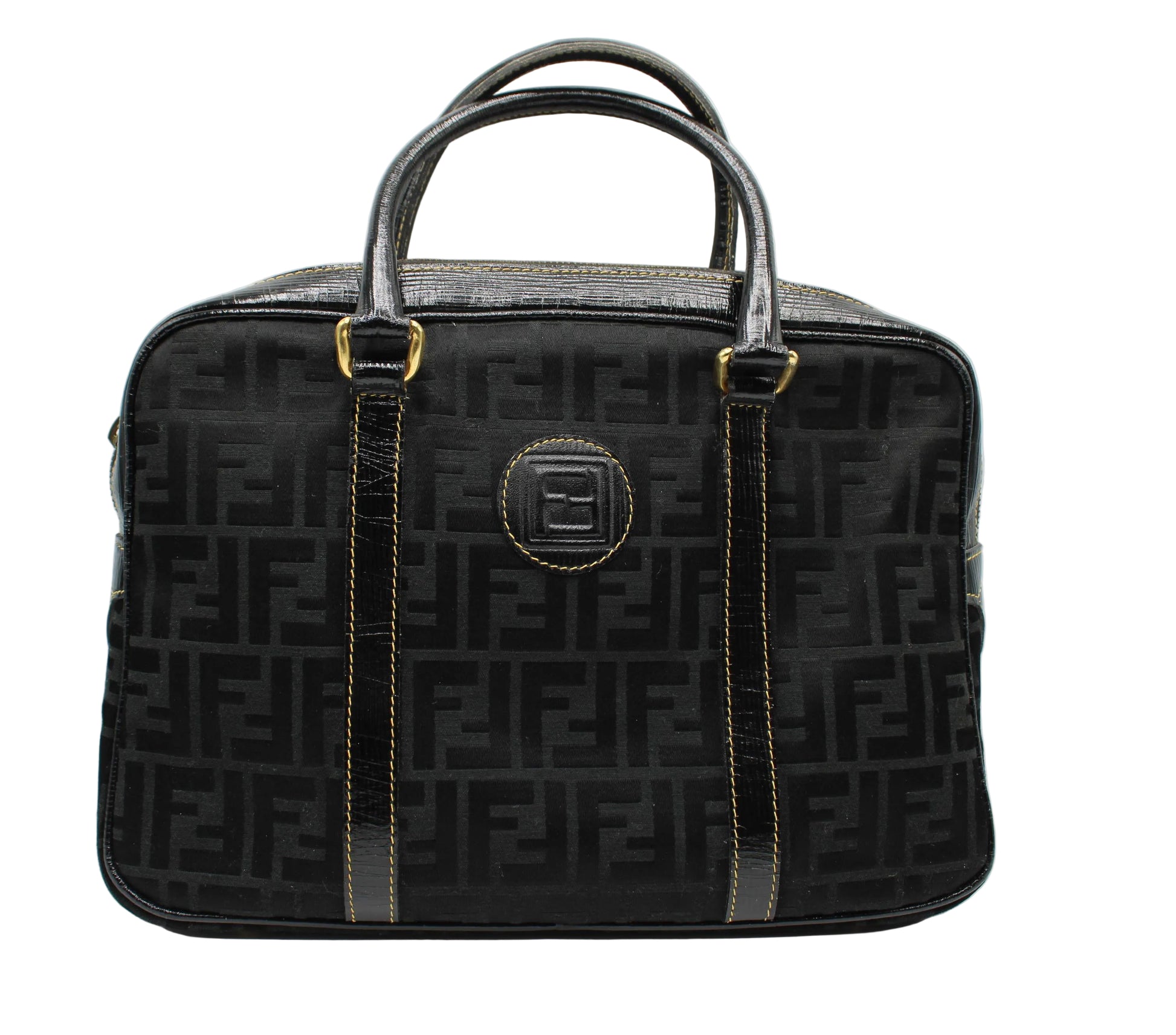 Fendi Black Zucca Canvas Leather Trim Boston Bag Black patterned handbag with gold accents on a white background