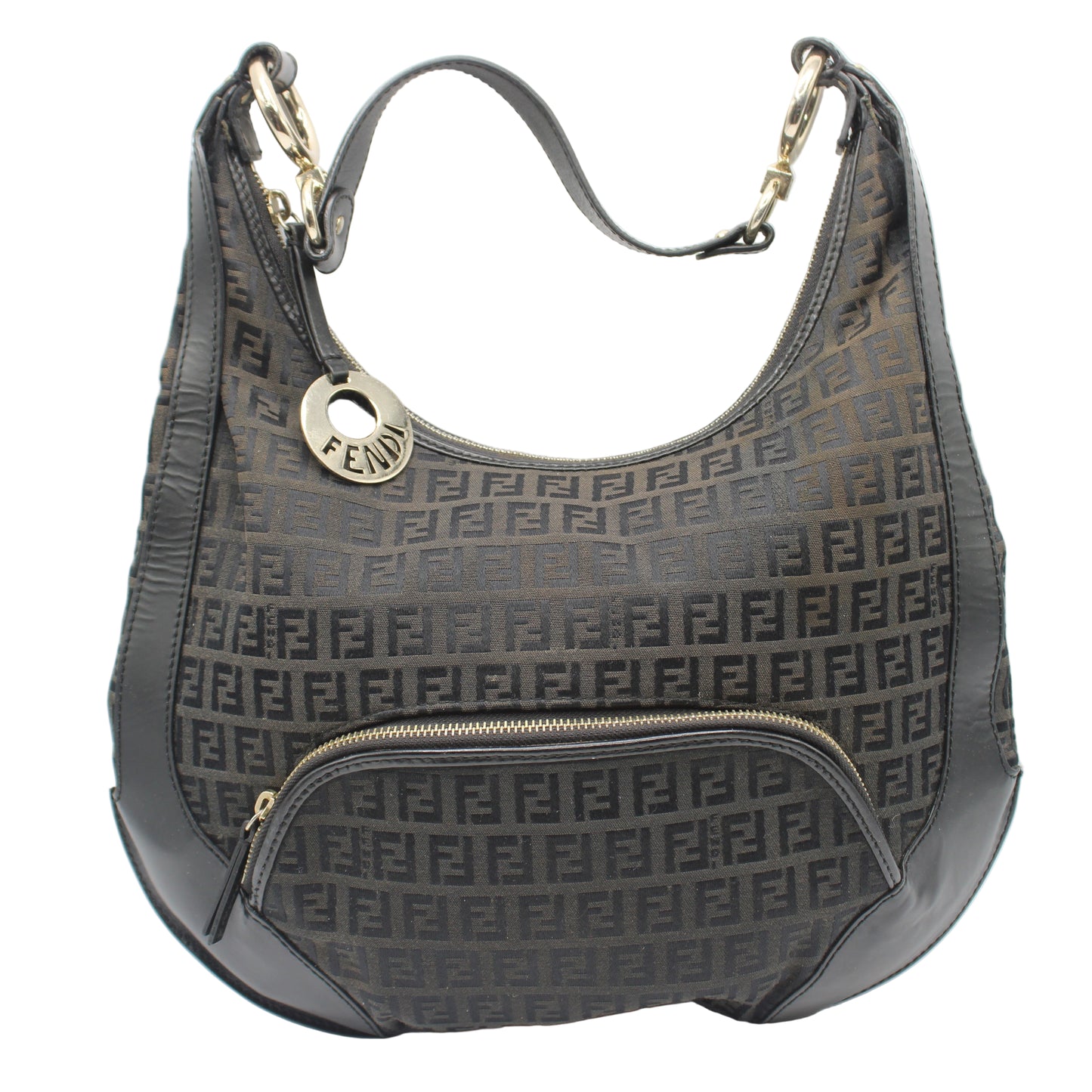 Fendi Black Zucca Canvas Leather Trim Hobo Bag With Charm Gray handbag with a prominent brand logo on a white background