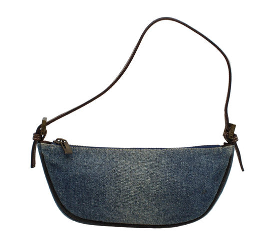 Fendi Blue Denim Leather Boat Shoulder Bag A blue denim shoulder bag with a dark brown leather strap and trim, photographed against a plain light gray background.