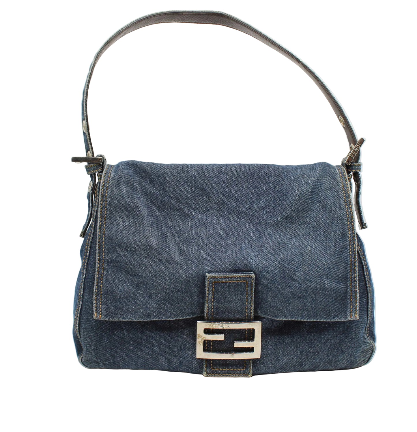 Fendi Blue Denim Mamma Baguette Shoulder Bag A Fendi denim shoulder bag in dark blue denim with a dark brown leather strap and a silver-tone metal FF logo clasp on the front flap.