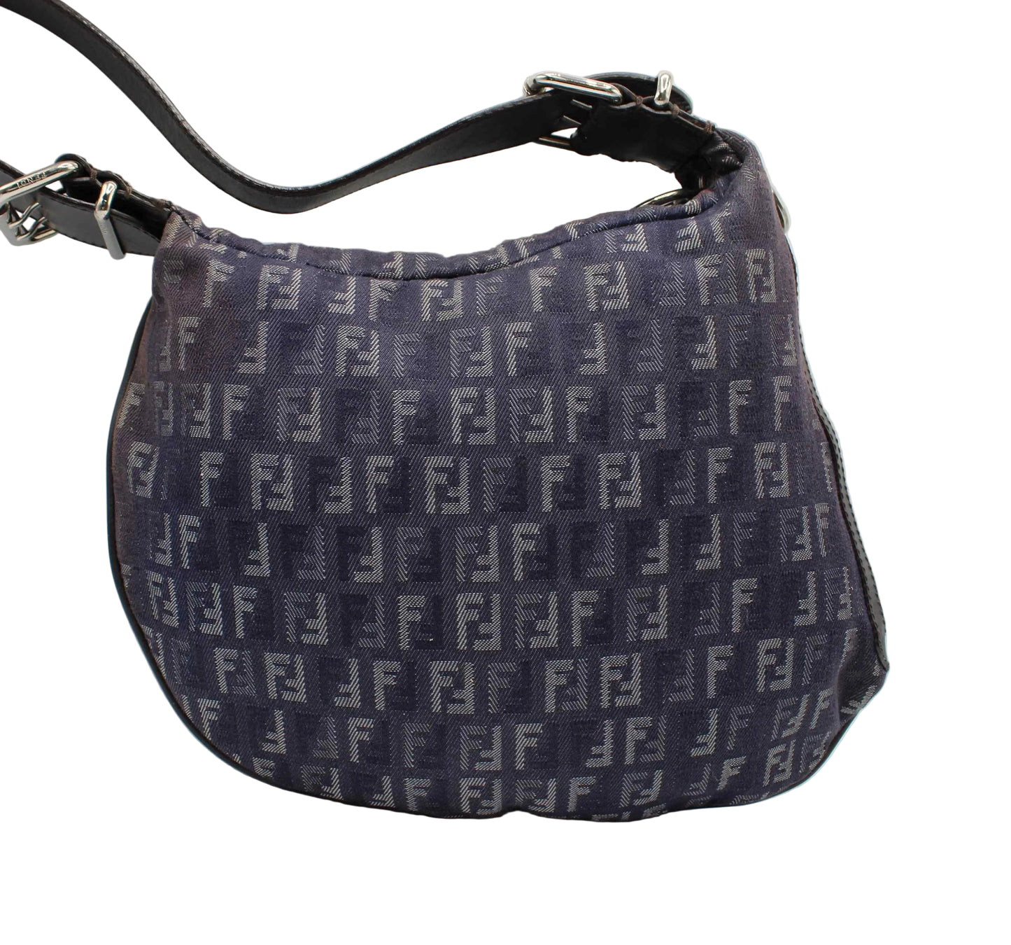 Fendi Blue Purple Zucca Canvas Oyster Shoulder Bag Patterned handbag with a visible brand logo on a white background