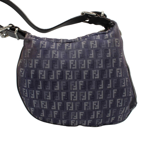Fendi Blue Purple Zucca Canvas Oyster Shoulder Bag Patterned handbag with a visible brand logo on a white background