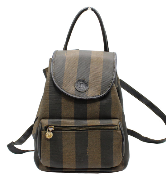 Fendi Brown And Black Pequin Stripe Canvas Leather Backpack Striped backpack with a visible brand logo on a white background