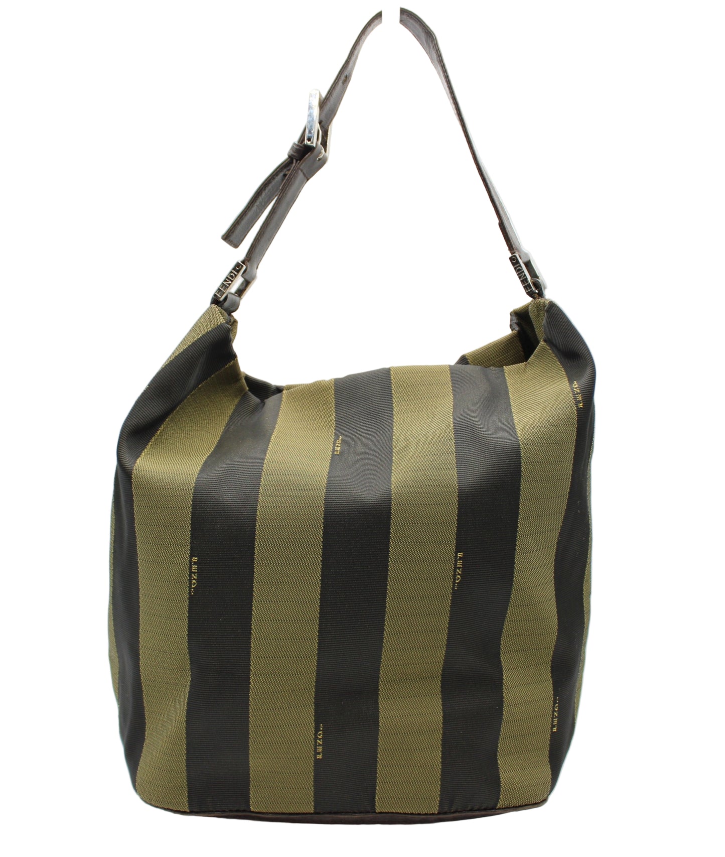 Fendi Brown And Black Pequin Stripe Canvas Leather Hobo Bag Striped handbag with black and green pattern on a white background