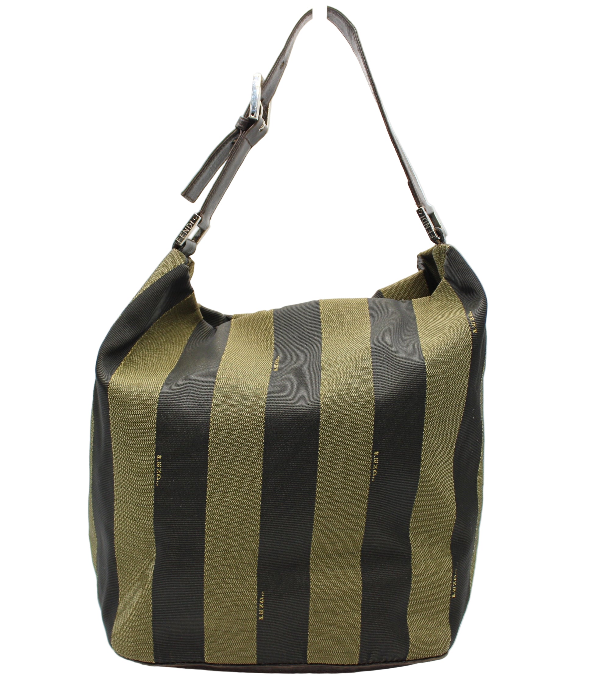 Fendi Brown And Black Pequin Stripe Canvas Leather Hobo Bag Striped handbag with black and green pattern on a white background