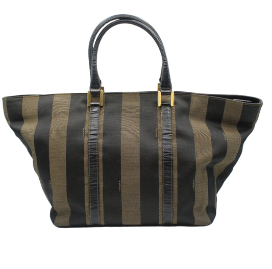 Fendi Brown Black Canvas Leather Pequin Vintage Tote Bag Striped handbag with black and brown pattern on a white background