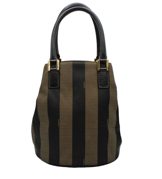 Fendi Brown Black Pequin Stripe Canvas Leather Tote Bag Striped handbag with gold accents on a white background