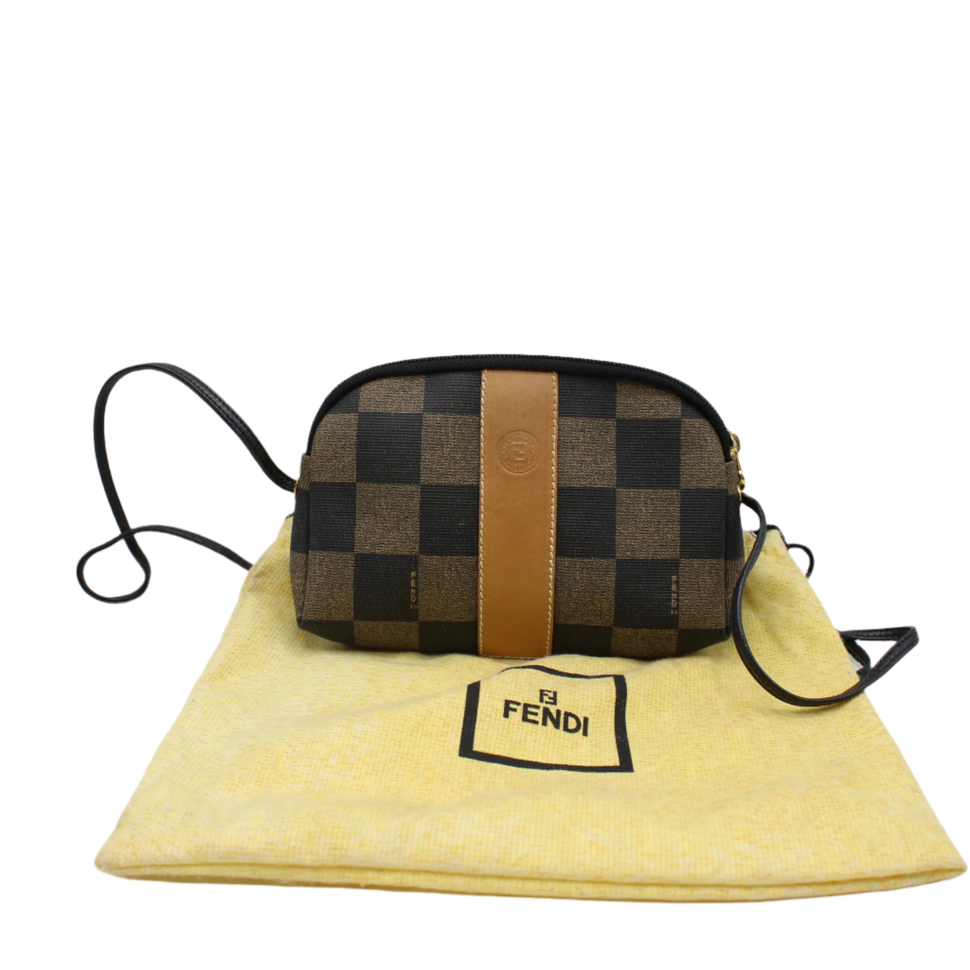 Fendi Brown Canvas Pequin Check Leather Crossbody Bag dust bag