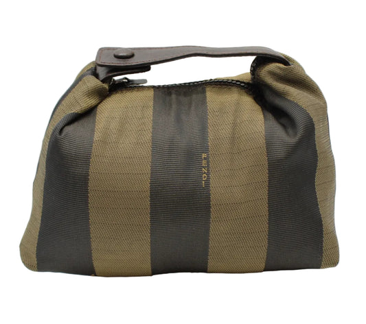Fendi Brown Canvas Pequin Stripe Leather Handle Pouch 