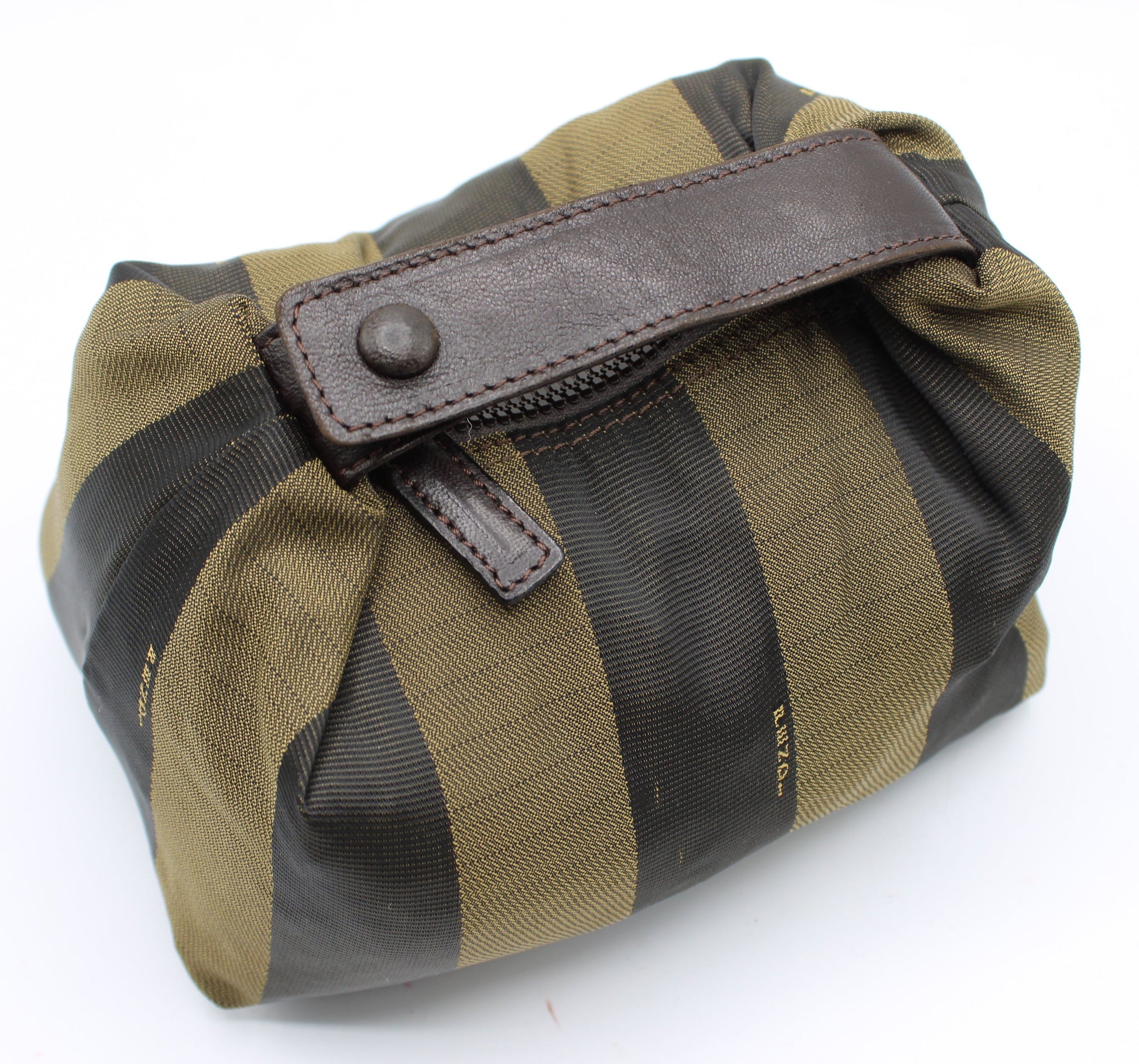 Fendi Brown Canvas Pequin Stripe Leather Handle Pouch top 