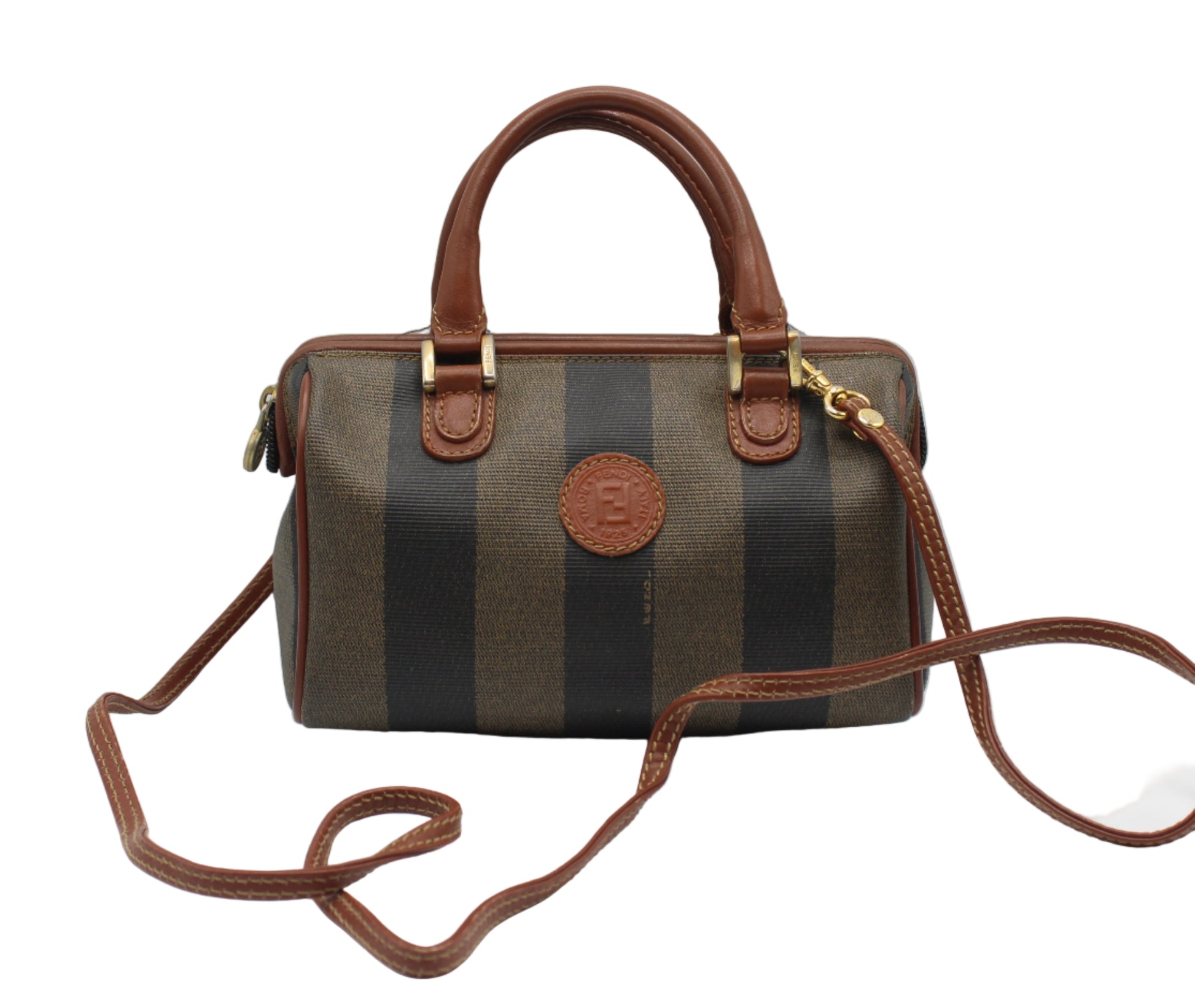 Fendi Brown Canvas Pequin Stripe Leather Mini Boston Crossbody Bag Striped handbag with brown leather accents on a white background