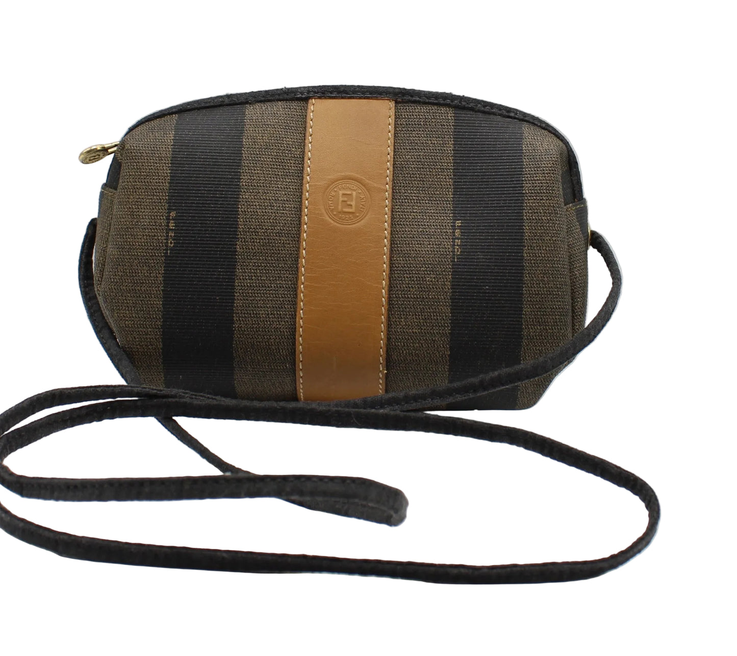 Striped handbag with a strap on a white background Fendi Brown Canvas Pequin Striped Crossbody Bag