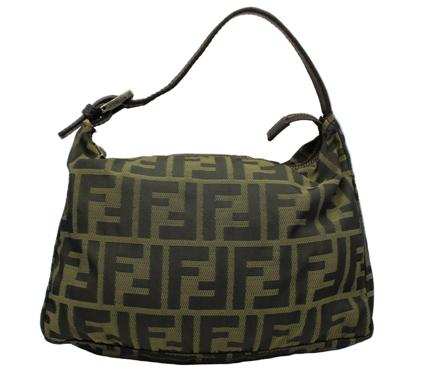 Fendi Brown Canvas Zucca Leather Shoulder Bag Green handbag with black logo pattern on a white background