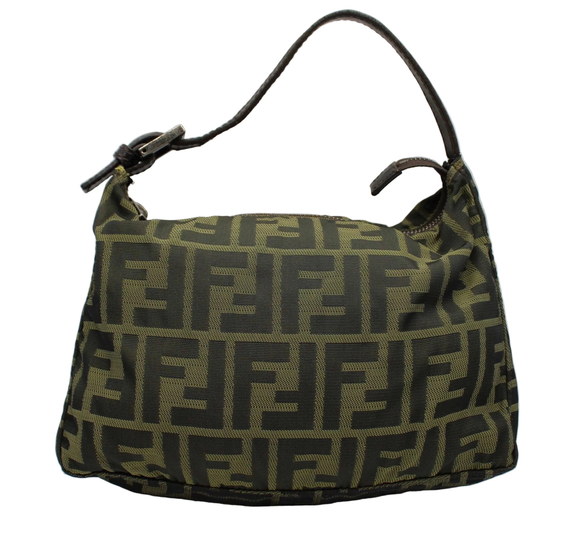 Fendi Brown Canvas Zucca Leather Shoulder Bag Green handbag with black logo pattern on a white background