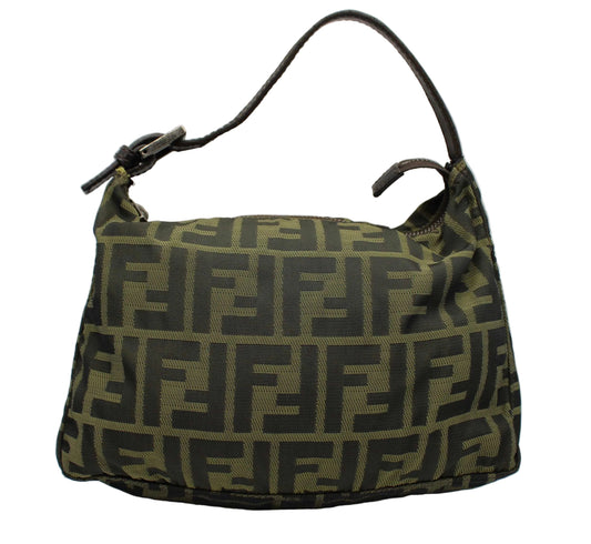 Fendi Brown Canvas Zucca Leather Shoulder Bag Green handbag with black logo pattern on a white background